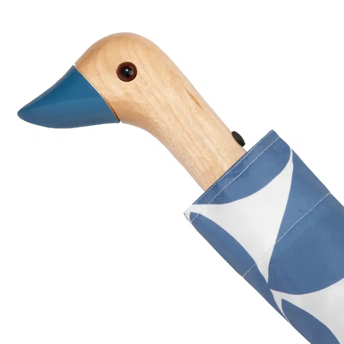 Original Duckhead umbrella Denim moon closeup of wooden duckhead with blue beak