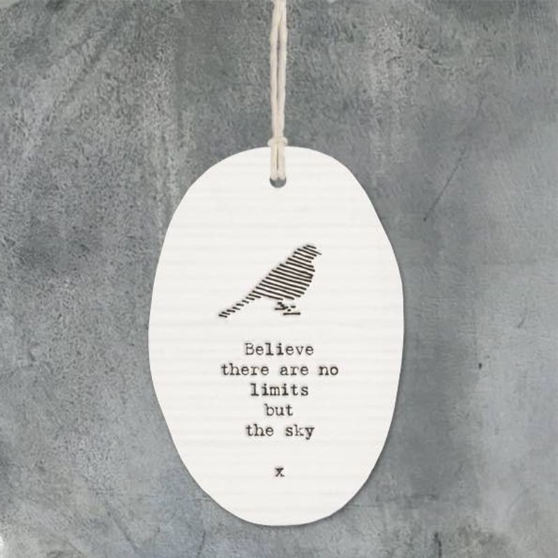 white porcelain oval tag believe there are no limits but the sky