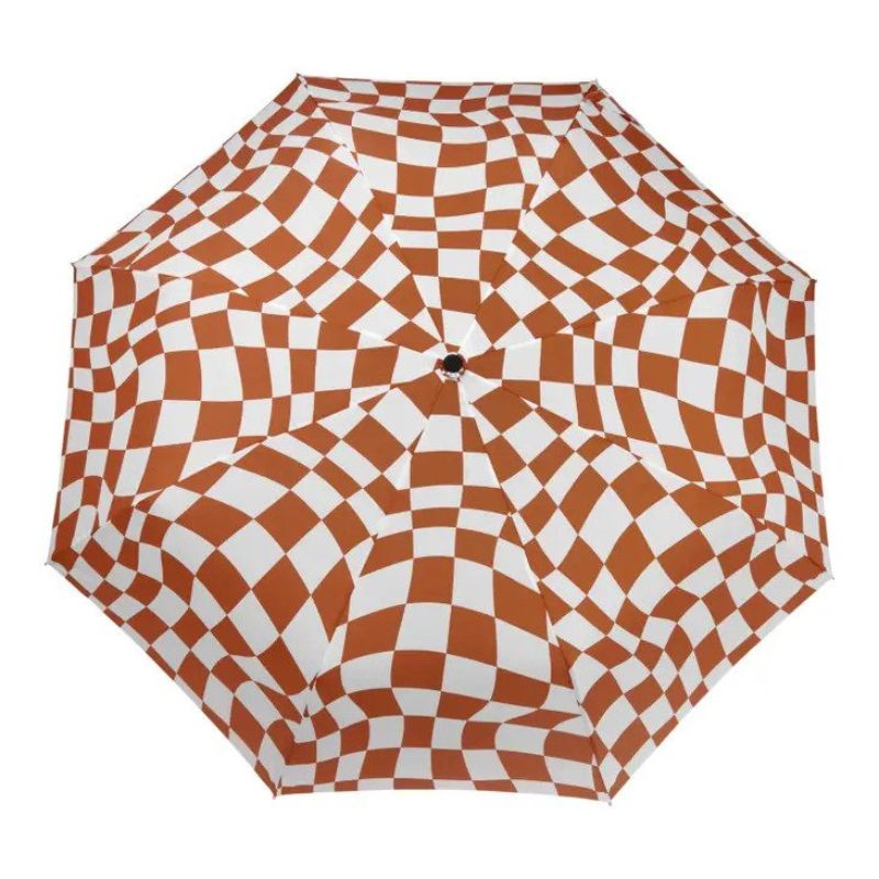 Original Duckhead umbrella peanut butter checkers brown and white checks showing top of umbrella