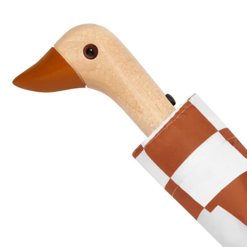 Original Duckhead umbrella peanut butter checkers showing closeup of wooden duck head and brown beak