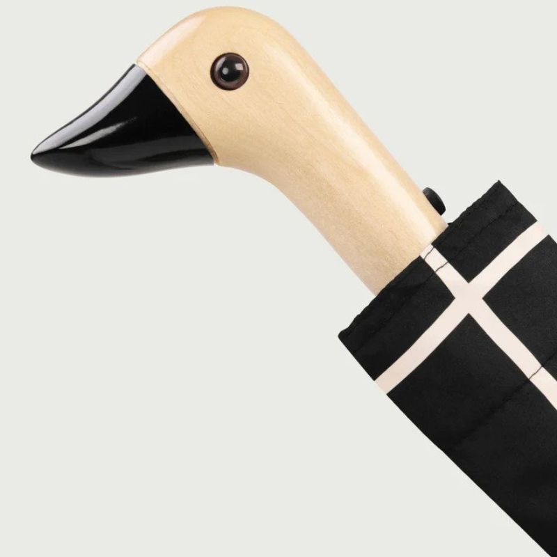 Original Duckhead umbrella black grid showing closeup of wooden duckhead umbrella and black beak