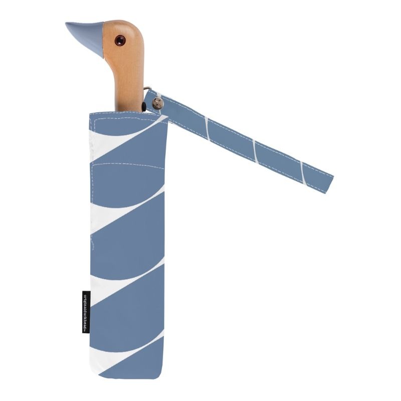 Original Duckhead umbrella denim moon closed showing wooden duckhead and blue beak