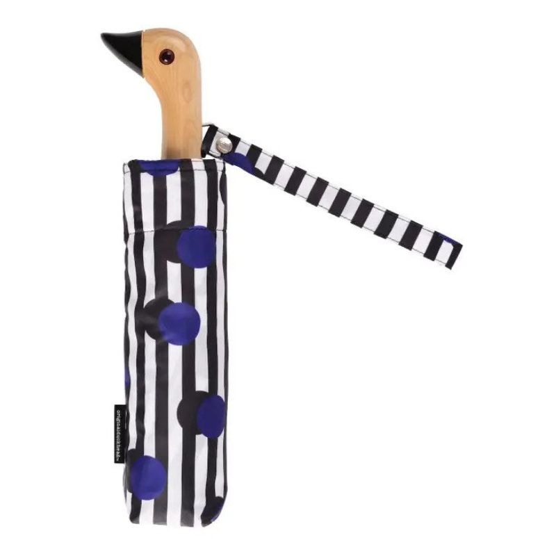 Original Duckhead umbrella polka stripe closed showing wooden duckhead
