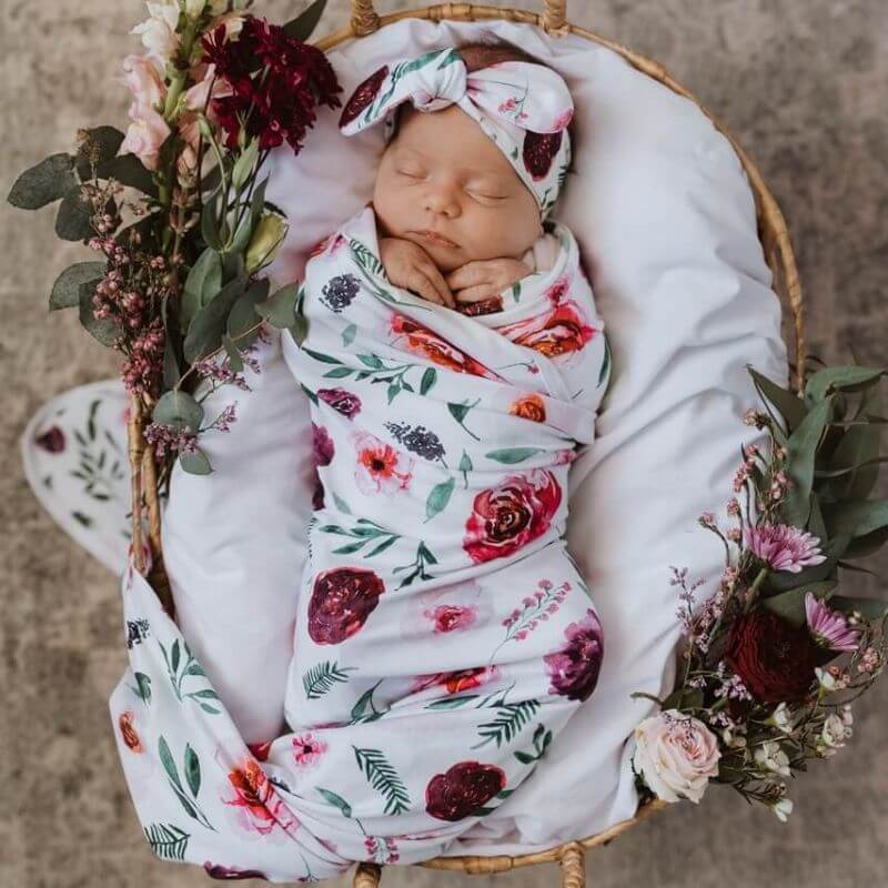 snuggle hunny kids jersey wrap and bow set for baby in peony bloom print