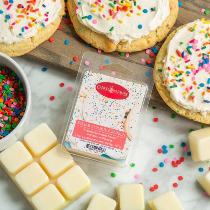 Sugar cookie crunch wax melts in centre of baked sugar cooked with icing and sprinkles