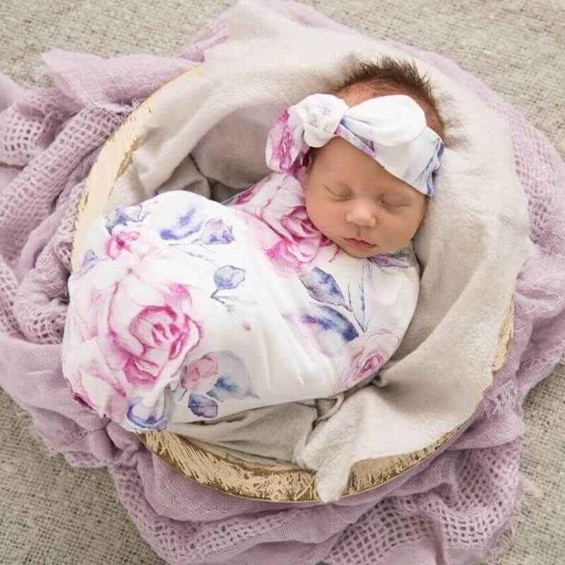 snuggle hunny kids jersey wrap and bow set for baby in lilac print