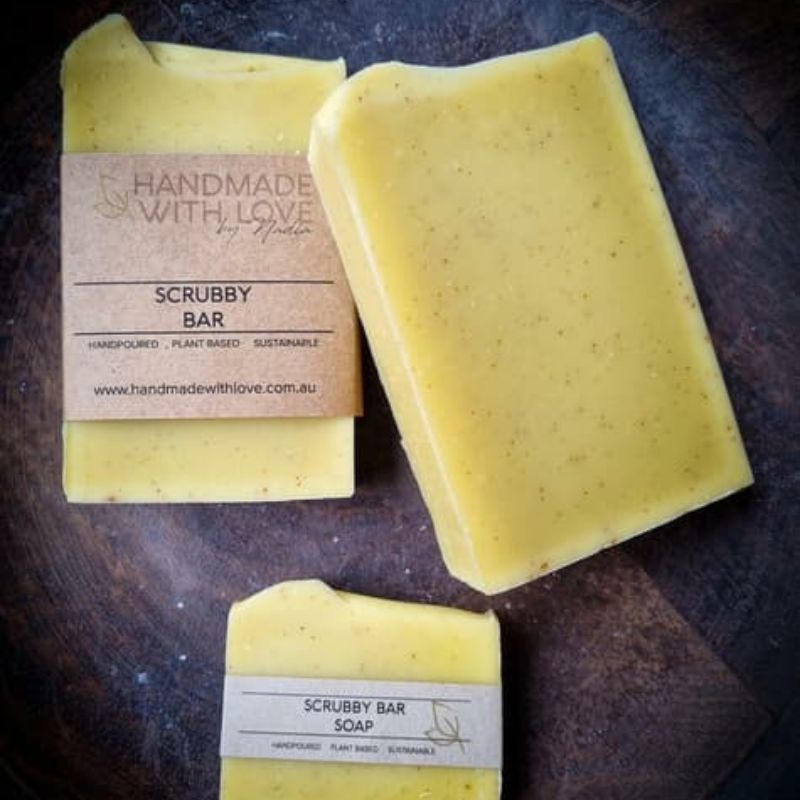 Scrubby Bar soap on a wooden counter