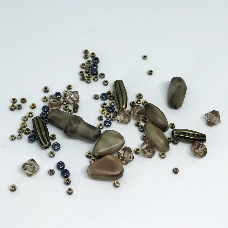 Bead pack with taupe drops, clear beads, antique gold accents and dark and light seed beads