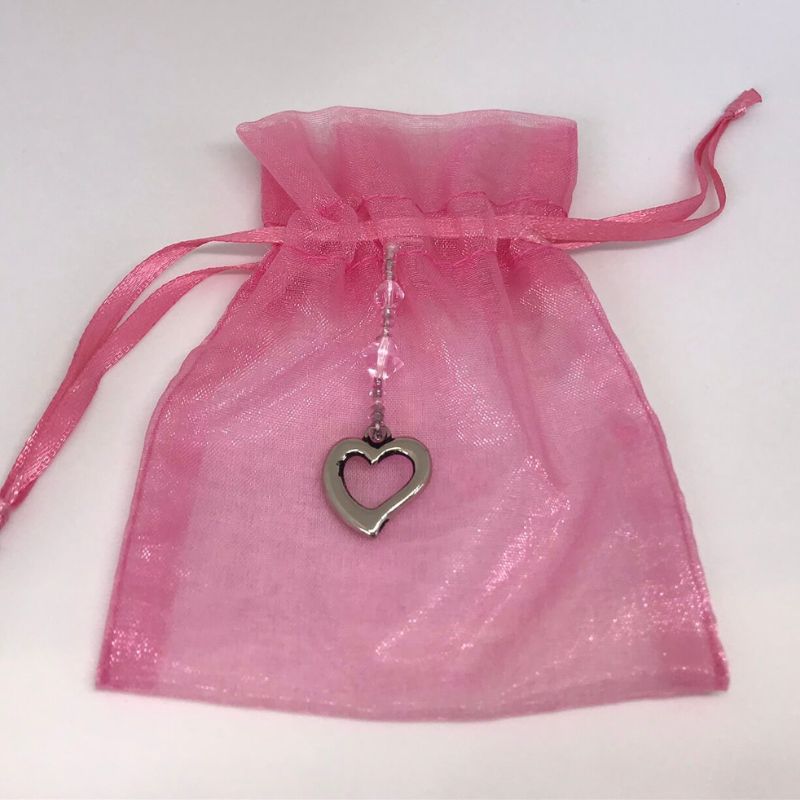 beaded organza gift bag dark pink with heart outline silver charm and Swarovski beads