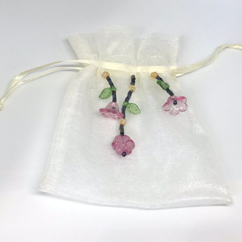 beaded organza gift bag ivory with pink flowers