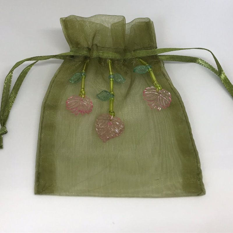 beaded organza gift bag olive green with leaves