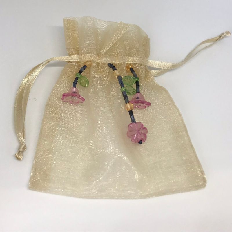 beaded organza gift bag gold with pink flowers