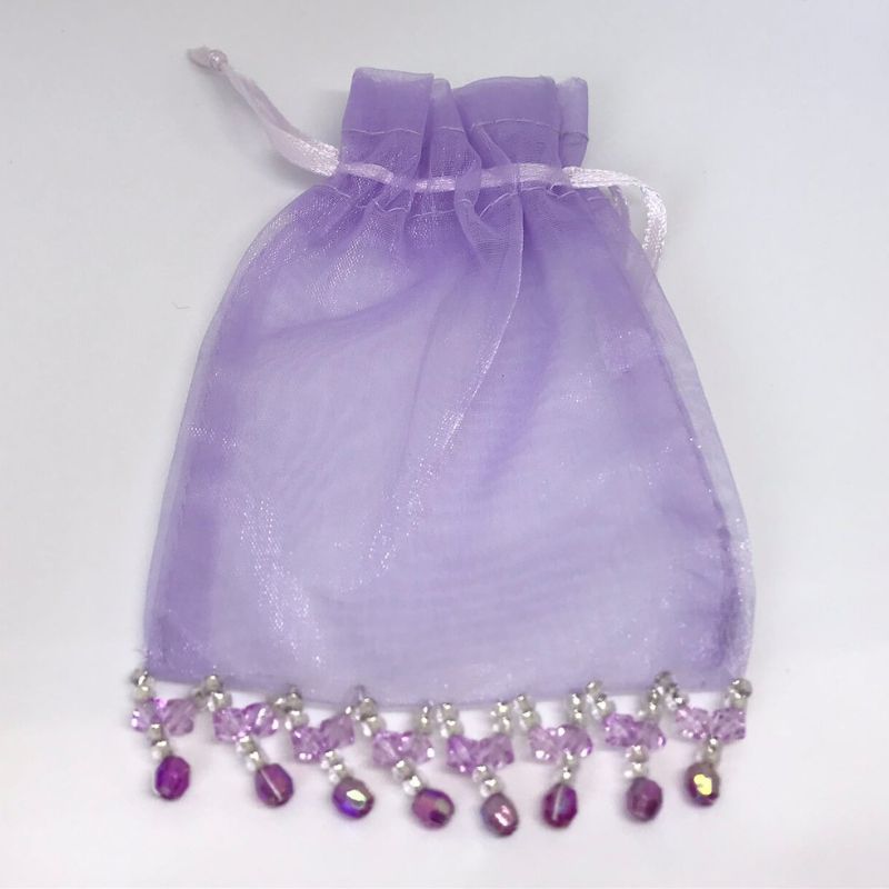 beaded organza gift bag lavender with pink beads