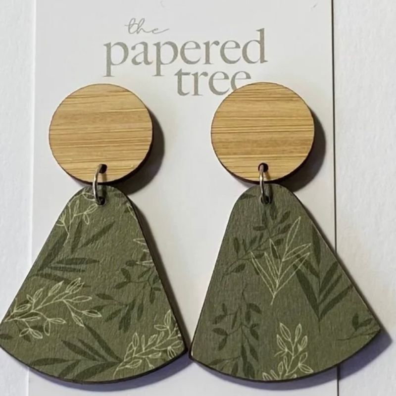 papered tree bell drop earrings with a green foliage pattern