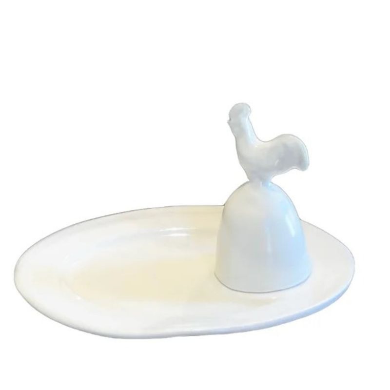 creamy white ceramic egg plate with rooster cloche