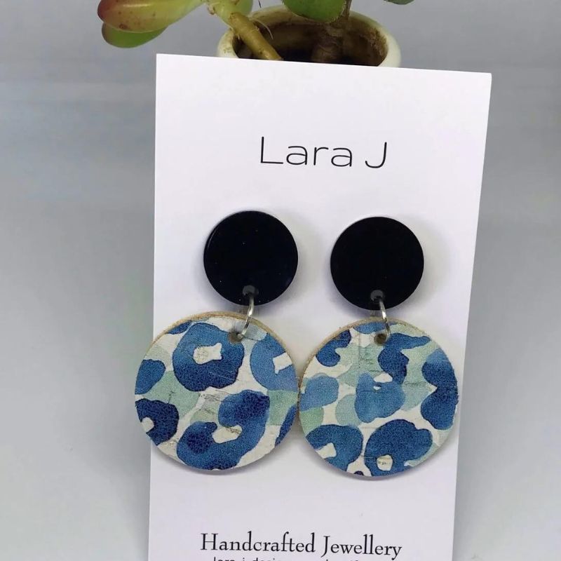 Blue and green abstract pattern leather drop earrings with black top