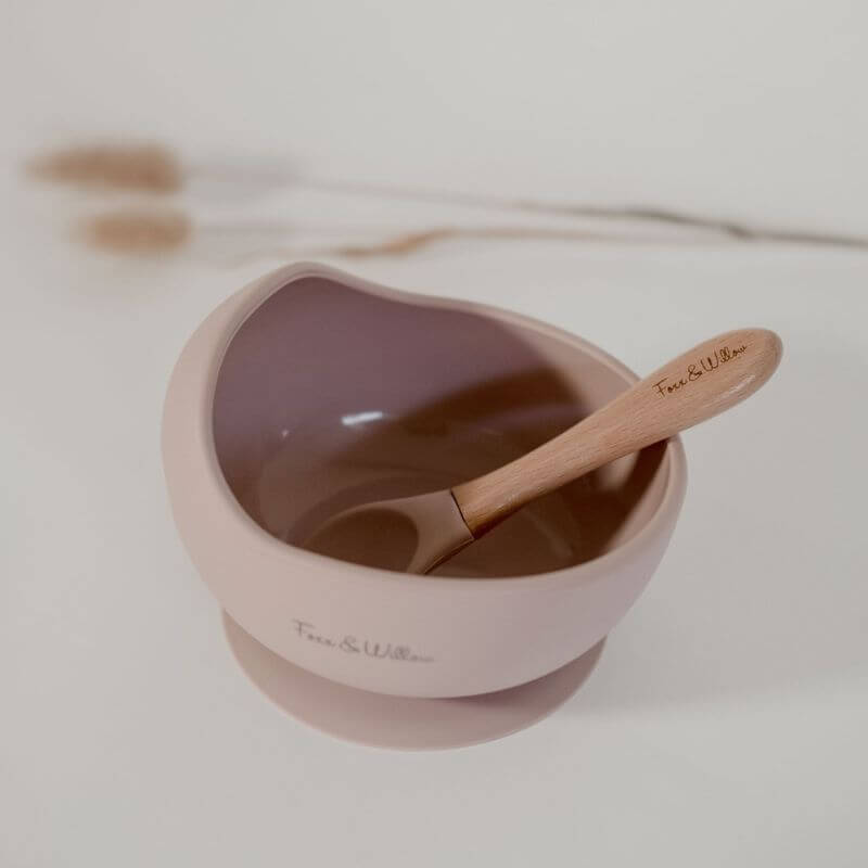 silicone baby feeding bowl with wooden and silicone spoon blush tones