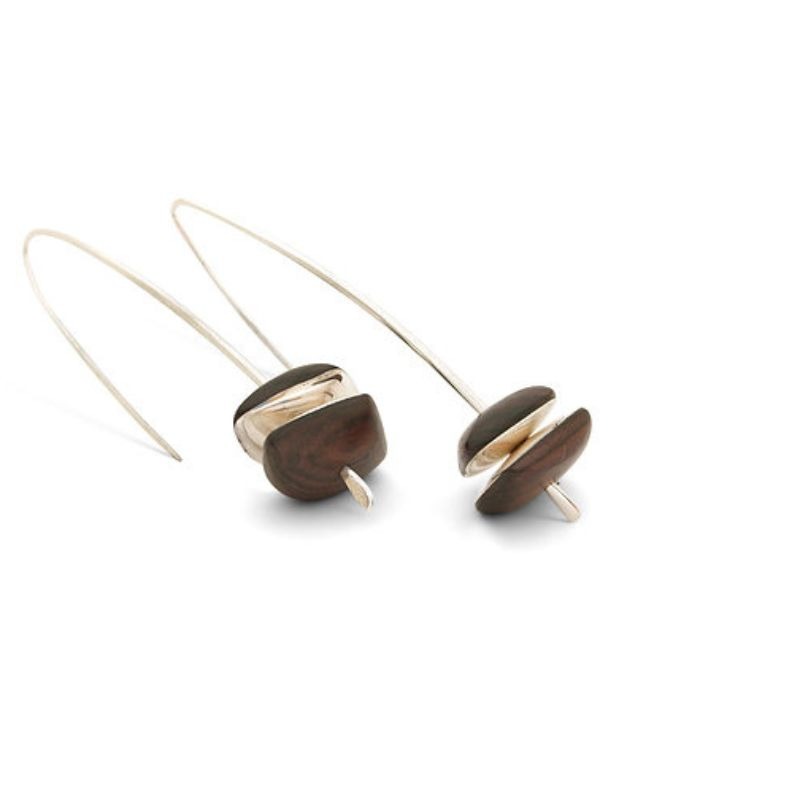 earrings two wooden pebbles with sterling silver on the inside of each sarah bourke