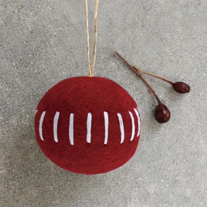 red felt bauble decoration ornament with white vertical lines