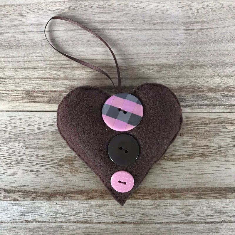 brown felt heart decoration ornament with pink and brown buttons