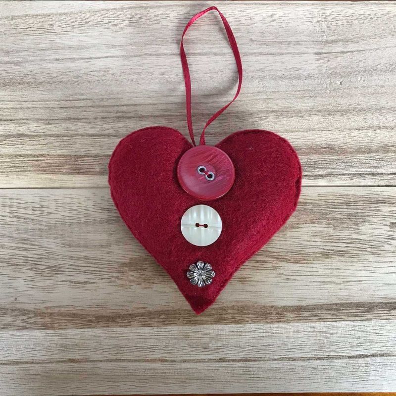 felt heart decoration ornament red with red and silver buttons