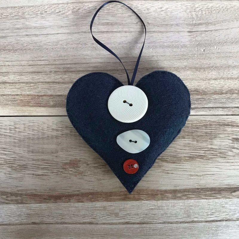 felt heart decoration ornament navy blue with cream and orange buttons