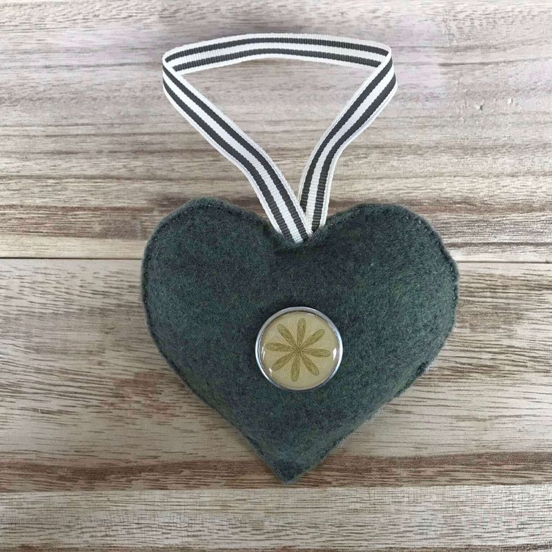 Felt Heart Ornament olive green with flower button