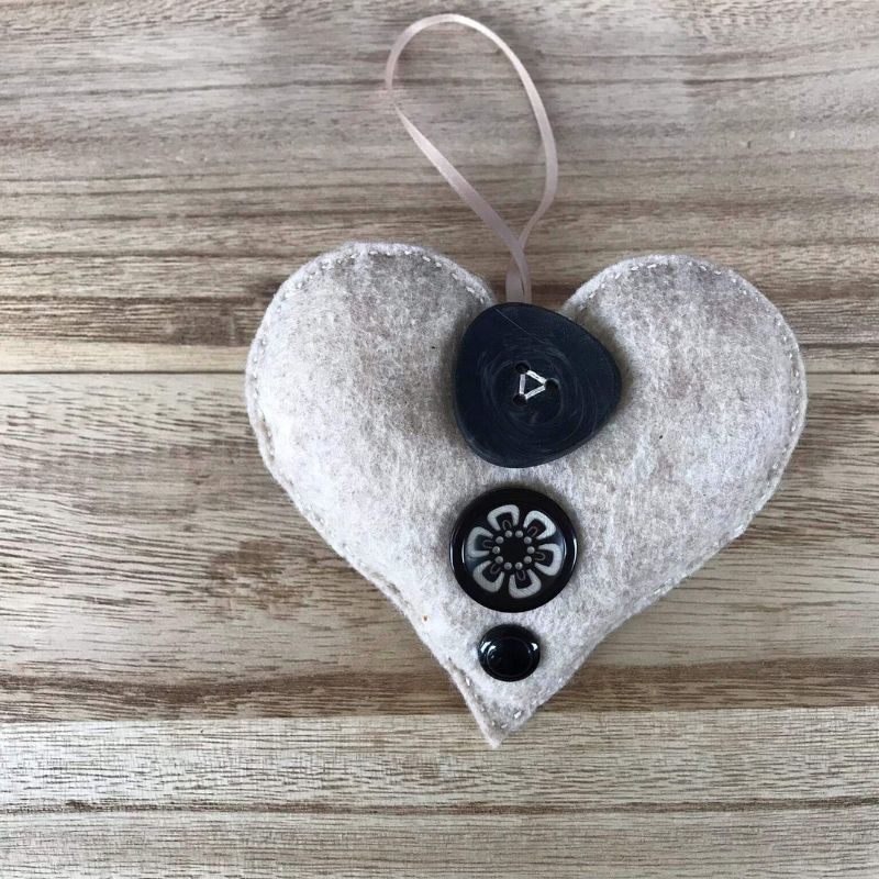felt heart decoration ornament taupe with black and black flowered buttons