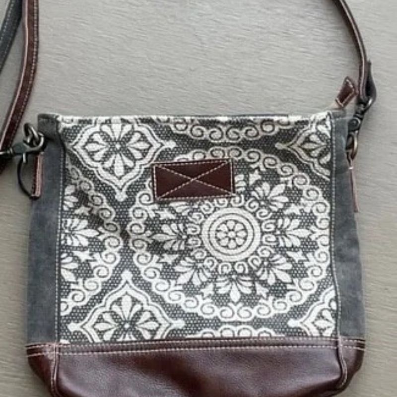 flower pattern dark grey canvas bag with coordinating leather bottom