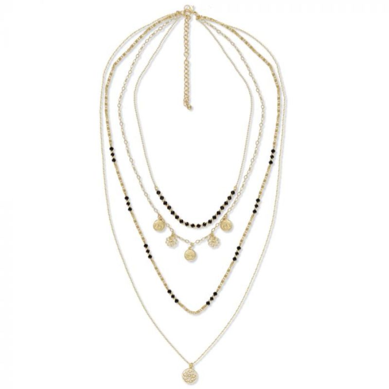 4 strand gold necklace with black beads and gold charms