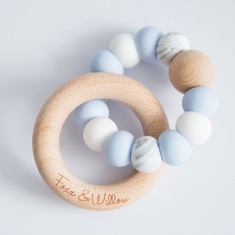 infinity teething rattle wood with silicone beads blue and white tones
