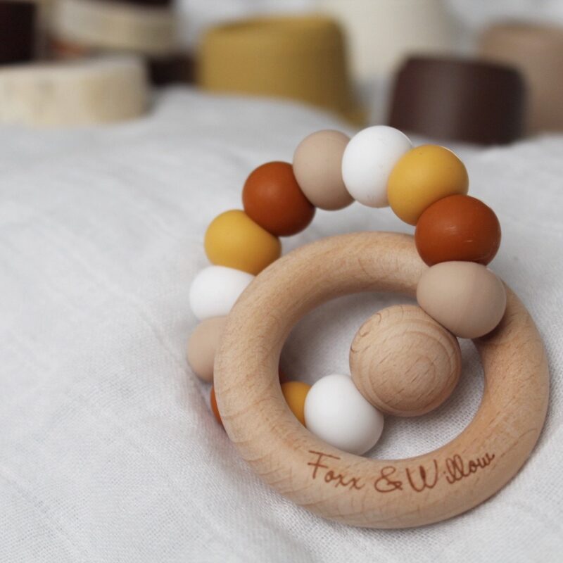 infinity teething rattle wood with silicone beads retro colours