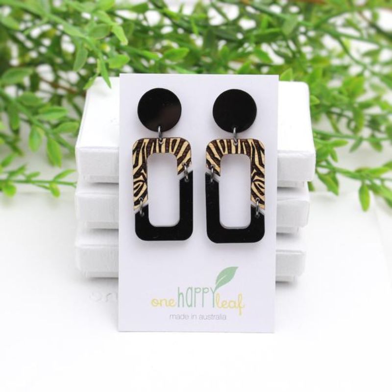 black acrylic and black acrylic and bamboo rectangle earrings