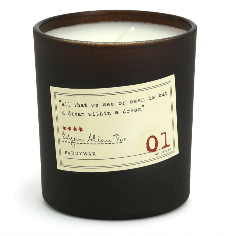 paddywax library series candle edgar allen poe in brown holder and quote on the side