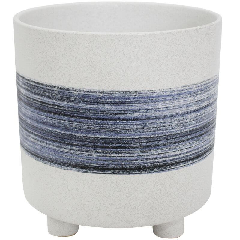 a white pot with a blue swishy stripe around its middle resembling a brush stroke