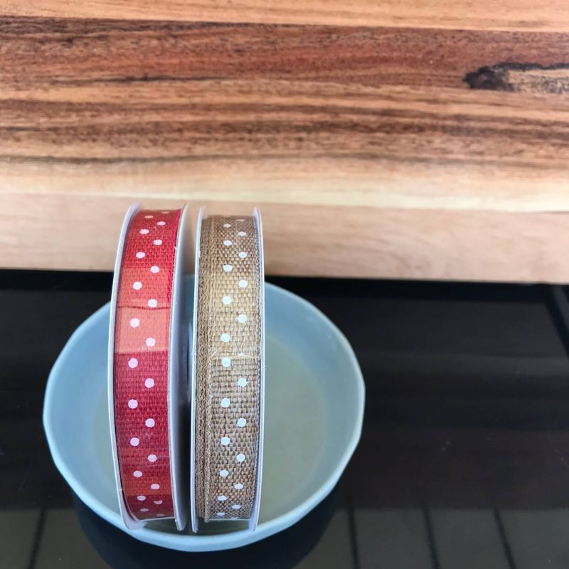 10mm polka dot ribbon one tan with white spots, one red with white spots