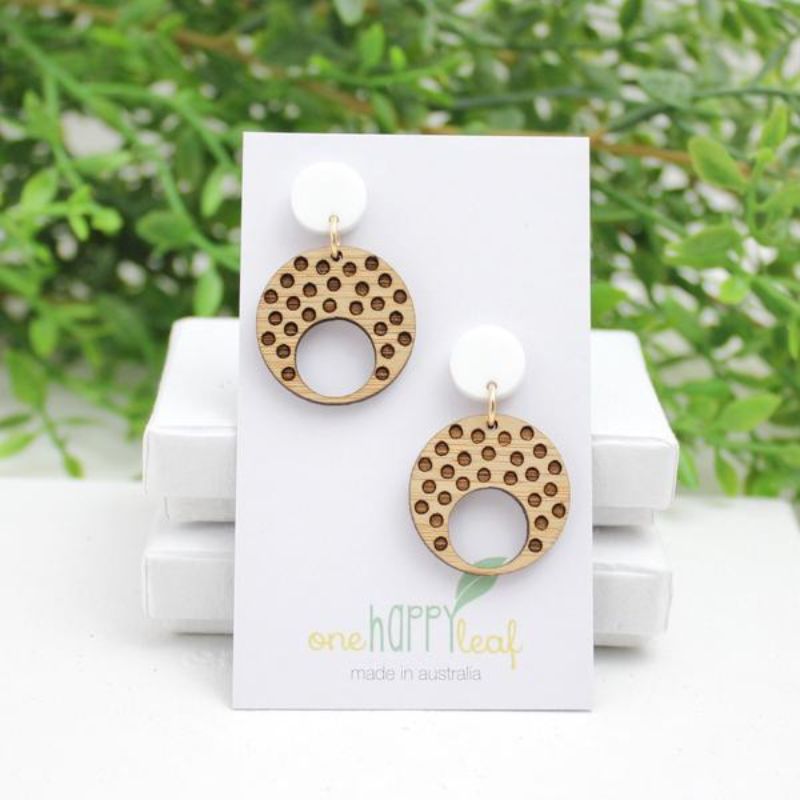 White acrylic and bamboo circles with dots earrings