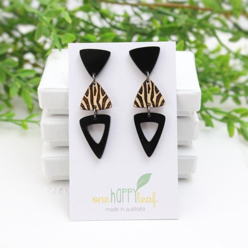 black acrylic triangle and bamboo triangle drop earrings