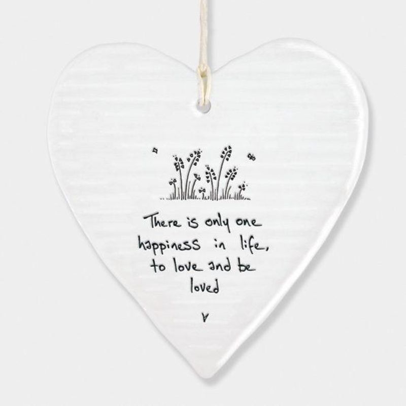 white porcelain hanging heart east of india, saying there is only one happiness in life to love and be loved