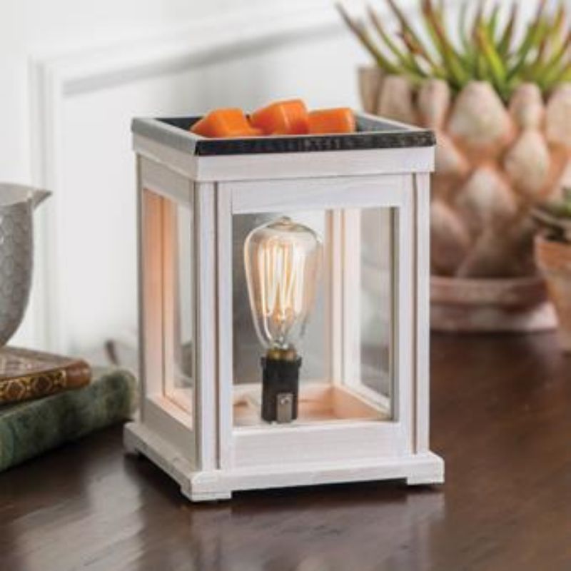White weathered timber electric candle warmer with glass sides showing an edison candle and metal warming tray