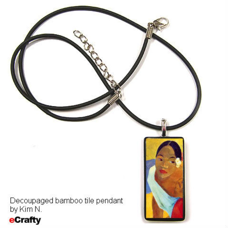 Example necklace bamboo tiles with picture of a woman and rubber cord