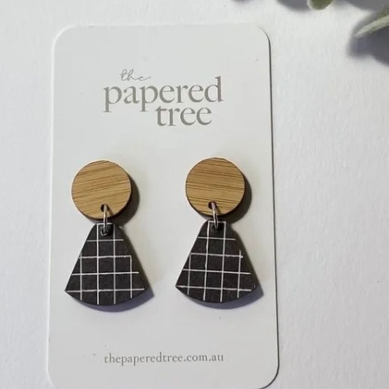 earrings mini dangle with bamboo top black grid pattern