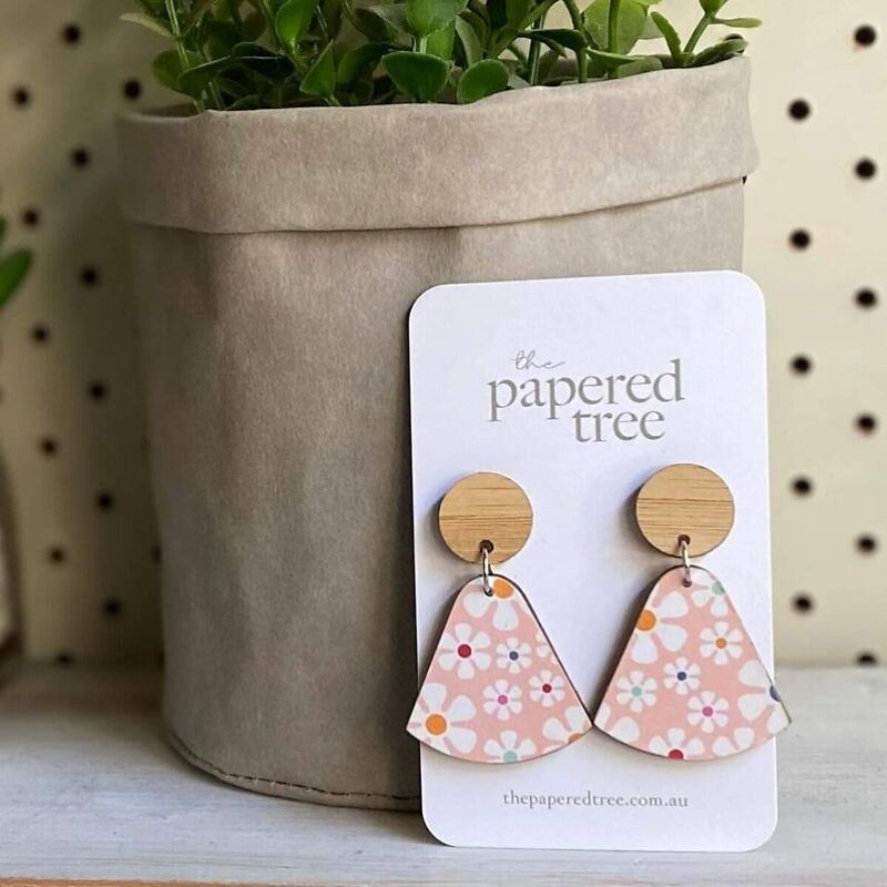 papered tree drop earrings with a bell shaped floral pink and white pattern