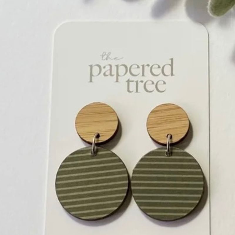 circle drop earring with bamboo top khaki stripe