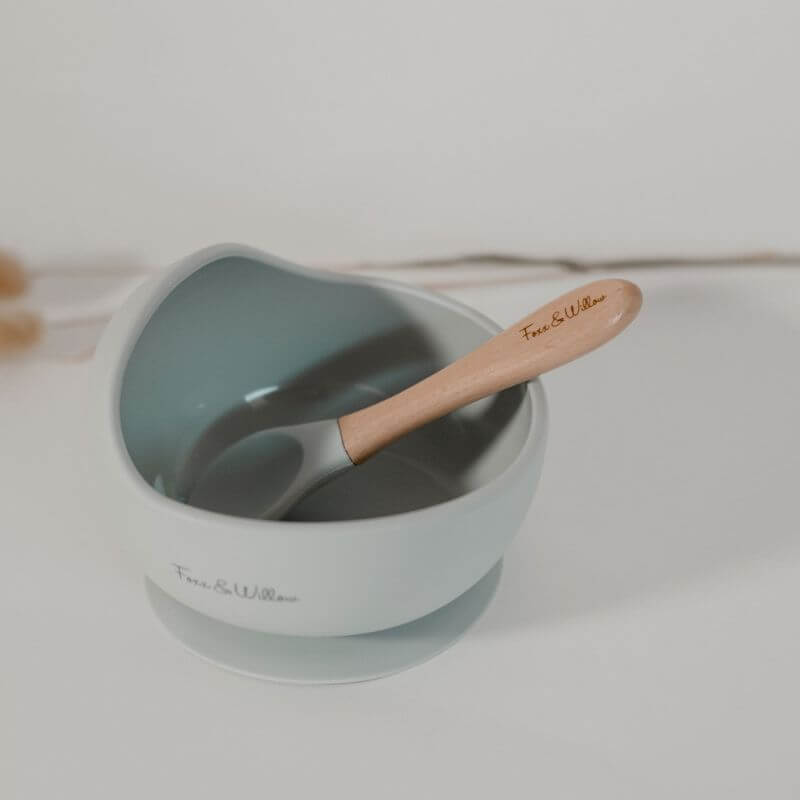 silicone baby feeding bowl with wooden and silicone spoon cloud grey