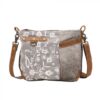 grey floral canvas bag with one half of front in a hair on leather grey shades