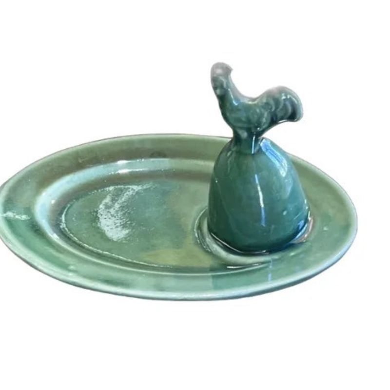 green ceramic egg plate with rooster cloche