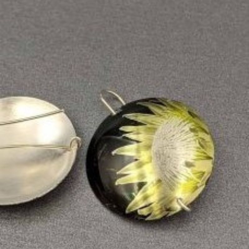 earrings photo of king protea transferred onto aluminium