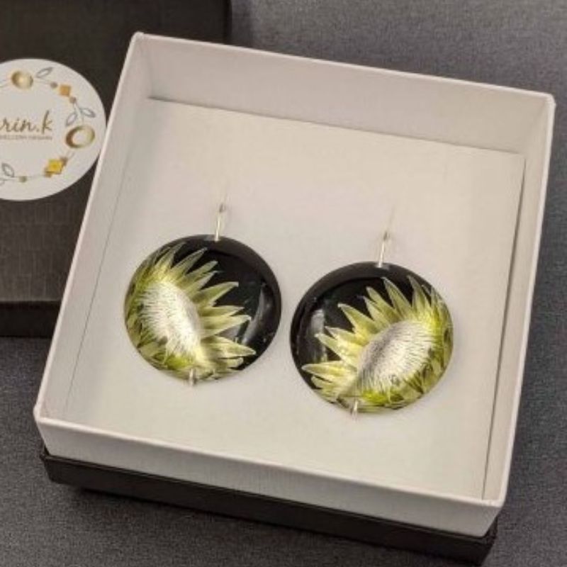 earrings photo of king protea transferred onto aluminium boxed