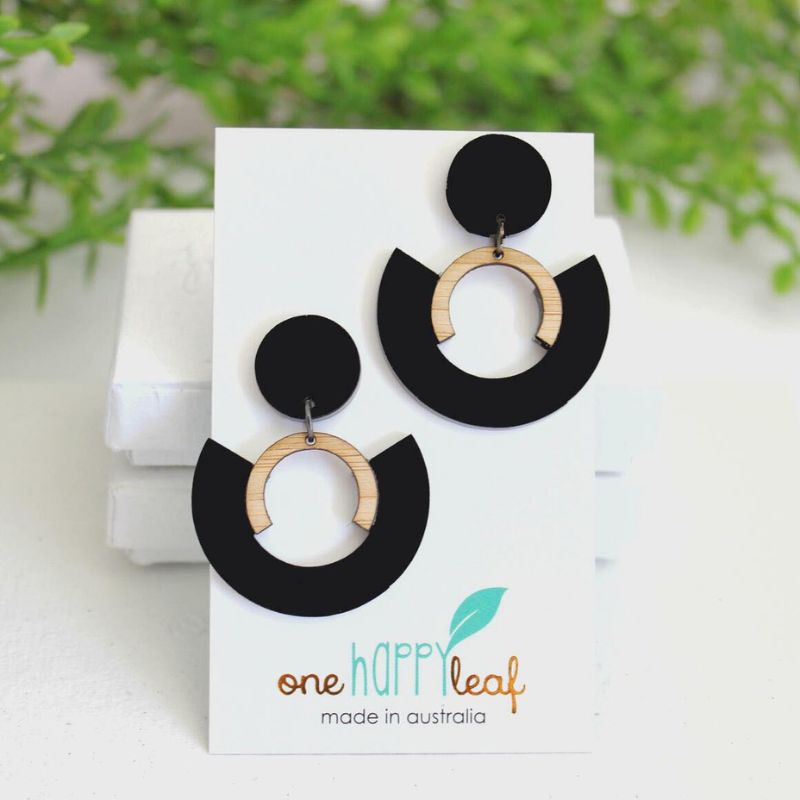 black acrylic and bamboo circle earrings